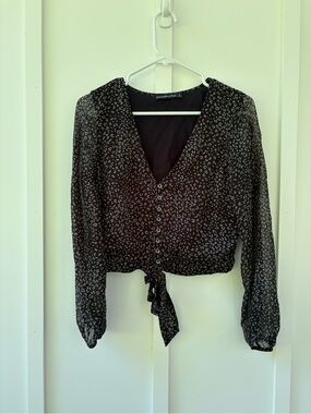 Abercrombie & Fitch Black Sheer Leopard-Print Tie-Front Blouse